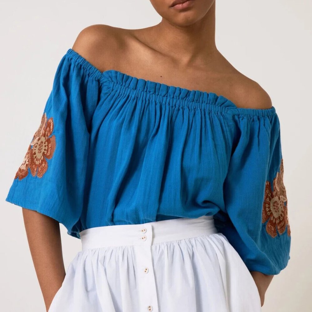 Leon & Harper Clowed Brode Shirt Top Off Shoulder Blue L